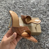 Niulatu women sandals snake print Strappy Mules high heels Slippers Sandals flip flops Pointed toe Slides Party shoes Woman DJSE