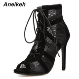 Niulatu 2025 New Mature Mesh Women Boots Floral Lace-Up Thin High Heels Ankle Pointed Toed Party Wedding Shoes Black Size DJSE