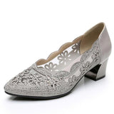 Niulatu 2025 Summer Fashion Hollow Out Genuine Leather Pumps Women Shoes Med Heels Square Heel Mesh Ladies Office Shoes Crystal DJSE