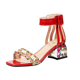 Niulatu Women Summer High Heels Shoes Crystal Peep Toe Square Heels Buckle Strap Sandals Black Zapatos Mujer Womans Shoes DJSE