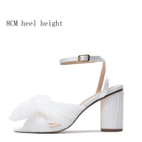 Niulatu Women Sandals New Brand Summer Shoes Pleated Bow-Knot Round Heels Open Toe Dress Shoes Big Size Party Wedding Shoes DJSE