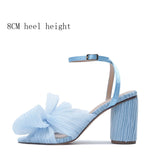 Niulatu Women Sandals New Brand Summer Shoes Pleated Bow-Knot Round Heels Open Toe Dress Shoes Big Size Party Wedding Shoes DJSE