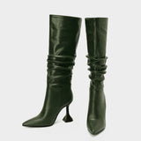 Niulatu Sexy Women Knee High Pleated Boots Warm Winter Fashion Black Mid Calf Boots Woman's Comfort Noble Stiletto Shoes Big 43 DJSE