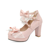 Niulatu Japanese Pearl Bow Jk Sweet Cute Strap Super High Heeled Round Head Student Shoes Kawaii Girl Tea Party Cos Loli Vintage DJSE