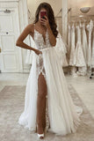 Niulatu Line V Neck Ivory Lace Long Prom Wedding Dress with High Slit, Ivory Lace Formal Dress, White Evening Dress HZ0113