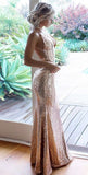 Niulatu Prom Dresses, Mermaid Spaghetti Straps Floor-Length Champagne Sequined Prom Dress HZ0113
