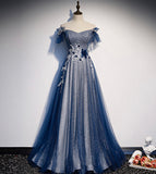 Niulatu tulle sequins long prom dress blue evening dress HZ1007