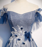Niulatu tulle sequins long prom dress blue evening dress HZ1007