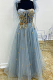 Niulatu blue and gold appliqed long formal dress prom dress HZ0113