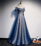 Niulatu tulle sequins long prom dress blue evening dress HZ1007