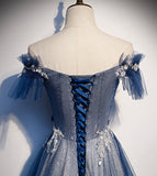 Niulatu tulle sequins long prom dress blue evening dress HZ1007
