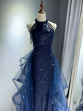 Pretty Navy Blue Sequins Long Prom Party Dress Prom Dress Evening Dresses HZ1214