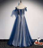 Niulatu tulle sequins long prom dress blue evening dress HZ1007