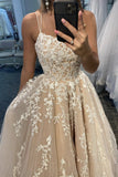 Niulatu Spaghetti Straps A-Line Lace Appliques Tulle Long Prom Dress HZ0113
