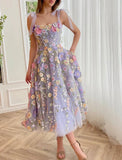 Elegant A-Line Corsets Dress Wedding Guest Summer Tea Length Sleeveless Prom Dress Scoop Neck Bridesmaid Dress Tulle with Appliques HZ1214