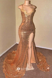 Niulatu Gold Sequin Spaghetti-Straps Slit Prom Dresses HZ0113