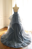Niulatu long prom dress with spaghetti straps and ruffled floor length skirt HZ0113