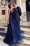 Niulatu A Line V Neck Navy Blue Backless Prom Dresses, V Back Navy Formal Evening Dresses HZ0113