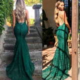 Niulatu Dark Green Prom Dress, Lace Long Prom Dresses, Spaghetti Straps Backless Prom Dress HZ0113