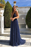 Niulatu light blue sleeveless v-neck sequins full length evening dress backless spaghetti-straps tulle prom HZ0113