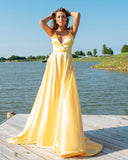 Niulatu Yellow Evening Dresses,Long Prom Dresses,Cross Back Prom HZ0113