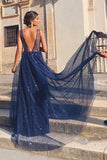 Niulatu A Line V Neck Navy Blue Backless Prom Dresses, V Back Navy Formal Evening Dresses HZ0113
