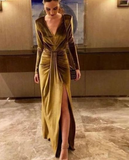 Niulatu V-Neck Long Sleeve Split Velvet Prom Dress HZ0113