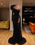 Niulatu Evening Dresses High Neck Side Split Long Sleeve Mermaid Prom Dress Feather Beaded Sexy Special Occasion Gowns HZ0113