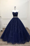 Niulatu Navy Blue Tulle Strapless Long Sequins Prom Dress, Evening Dress HZ0113