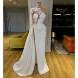 Niulatu Lace White Prom Dresses High Neck One Shoulder Long Sleeve Formal Evening Gowns Side Split Robes De Mari¨¦e HZ0113