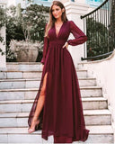 Niulatu Sleeve Burgundy Split Slit Prom Dress, Evening Party Gown HZ0113