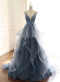 Niulatu long prom dress with spaghetti straps and ruffled floor length skirt HZ0113