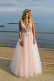 Niulatu v neck tulle lace long prom dress, pink tulle evening HZ0113