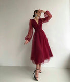 Niulatu Puffy Long Sleeve Burgundy Tea Length Long Prom Dress/Evening Gown HZ0113