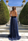 Niulatu light blue sleeveless v-neck sequins full length evening dress backless spaghetti-straps tulle prom HZ0113