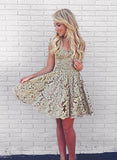 Niulatu gold lace v neck short prom dress, homecoming dress HZ0113