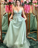 Straps Sage Green Appliques Tulle Long Formal HZ0308