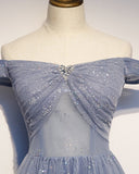 Niulatu Blue Tulle Beaded Long A Line Off Shoulder Prom Dress, Evening Dress HZ0113