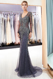 Niulatu Long Sleeves Mermaid V-neck Beaded Tulle Evening HZ1007