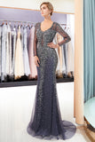 Niulatu Long Sleeves Mermaid V-neck Beaded Tulle Evening HZ1007