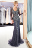 Niulatu Long Sleeves Mermaid V-neck Beaded Tulle Evening HZ1007