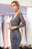 Niulatu Long Sleeves Mermaid V-neck Beaded Tulle Evening HZ1007