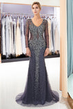 Niulatu Long Sleeves Mermaid V-neck Beaded Tulle Evening HZ1007