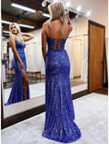 Niulatu Trumpet Prom Dresses Sparkle Shine Dress Formal Wedding Party Sweep Brush Train Sleeveless V Neck Sequined Backless with Glitter HZ1007