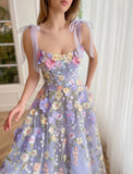 Elegant A-Line Corsets Dress Wedding Guest Summer Tea Length Sleeveless Prom Dress Scoop Neck Bridesmaid Dress Tulle with Appliques HZ1214