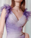 Niulatu Mermaid Spaghetti Straps Tulle Grape And White Long Prom Dress HZ1110