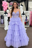 Straps Blue Appliques Tiered Ruffle Long Formal HZ0308