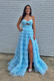 Straps Light Purple Tulle Ruffle A-line Long Prom HZ0308