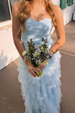 Sweetheart Light Blue Tulle Ruffle Long Prom HZ0308