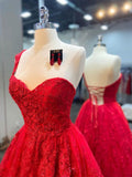 Niulatu A-line One Shoulder Tulle Lace Prom Dress Red Backless Formal Evening HZ1007